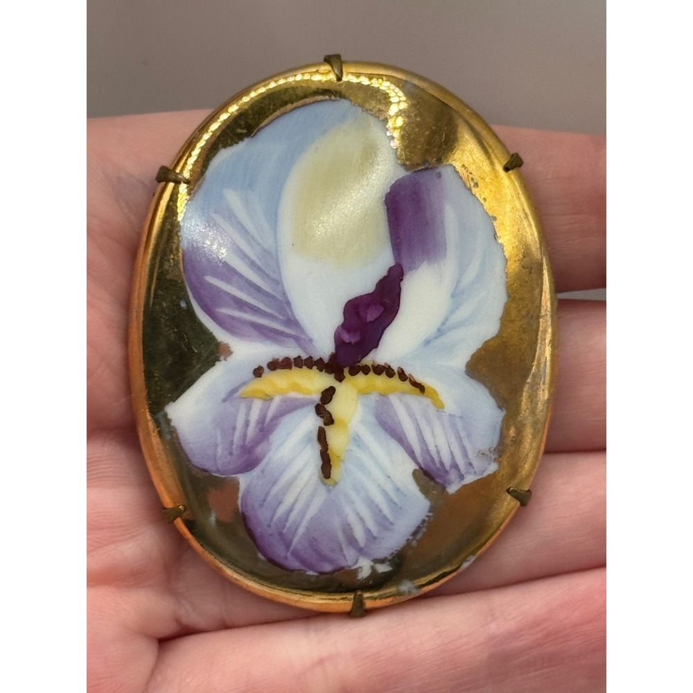 Antique Painted Porcelain Brooch Iris Flower Floral Pin